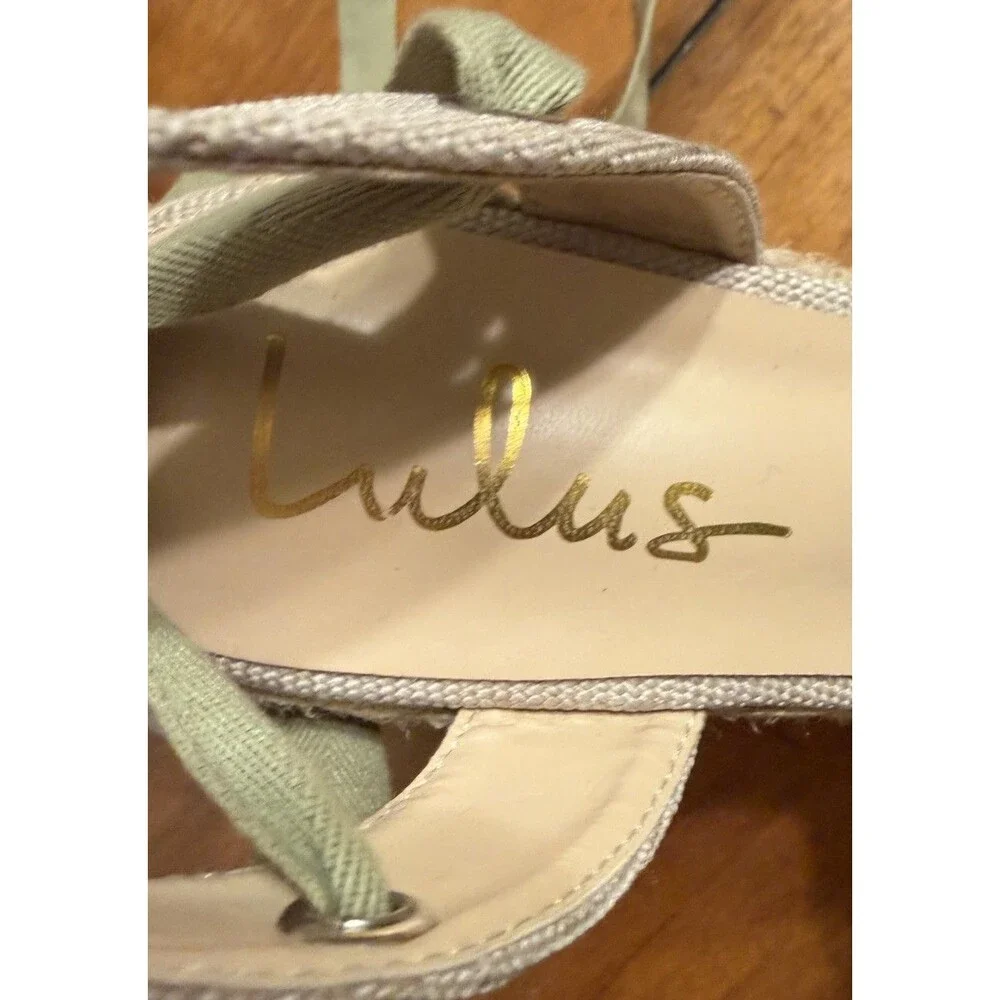 Lulus Sandals Womens 7.5 Esme Lace Up Espadrille Wedge Heels Straps Beige Canvas